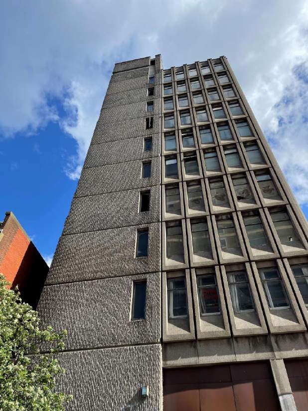 Existing Crown House tower and side elevation — photograph