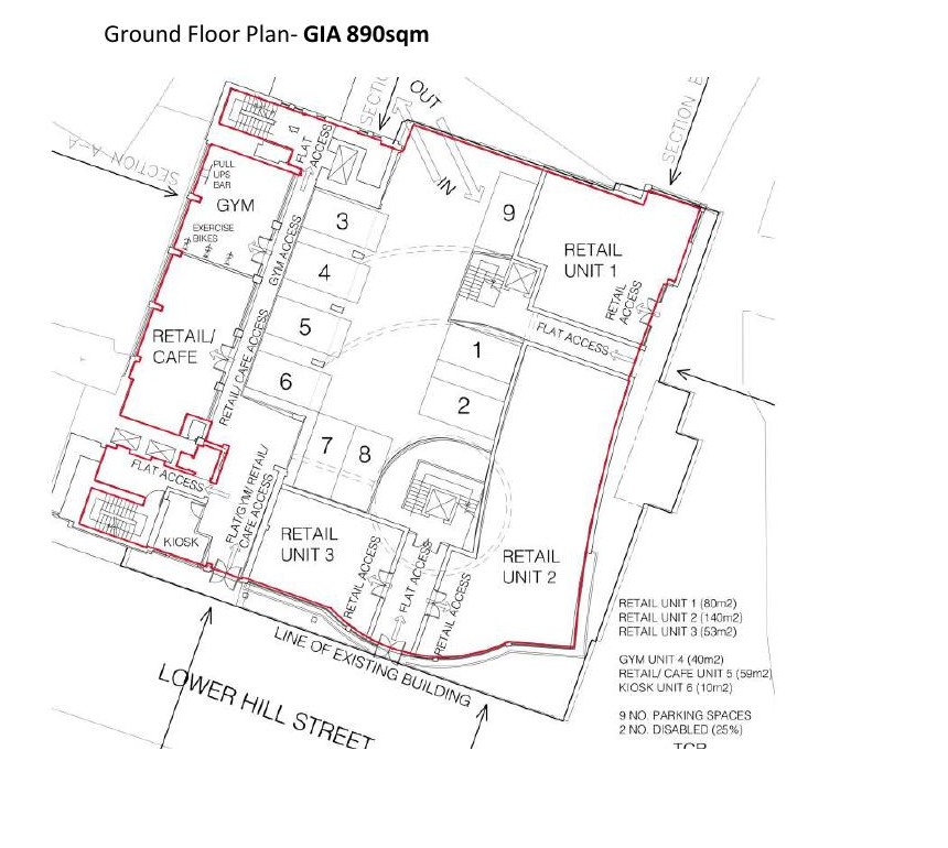 Scheme ground floor plan with commercial units and parking