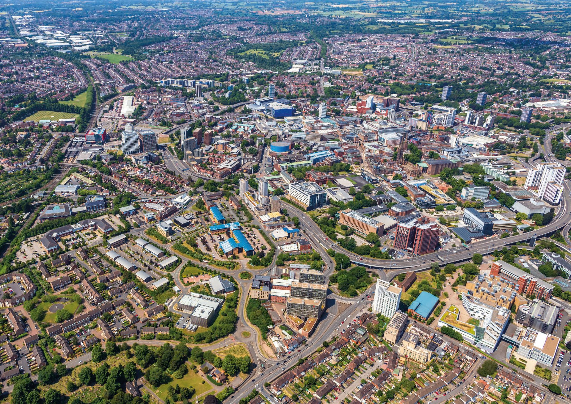 Aerial view of Coventry city centre and the university quarter